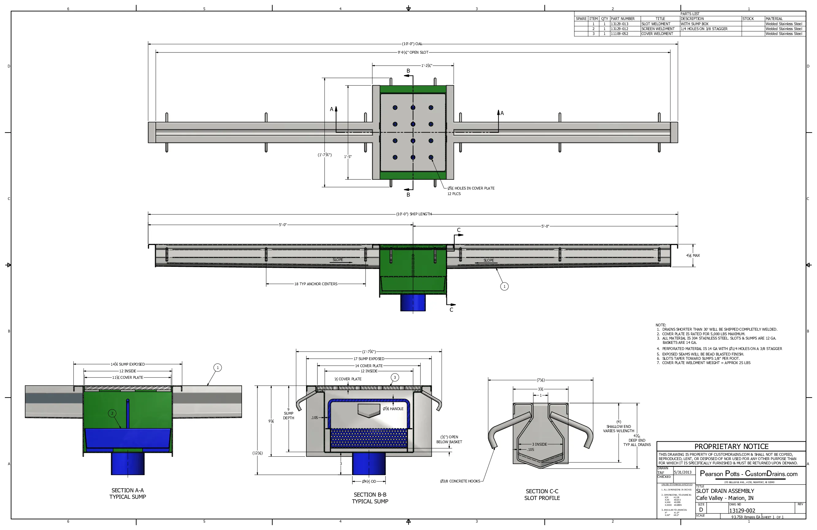 Slot drain — 10 ft center outlet drawing