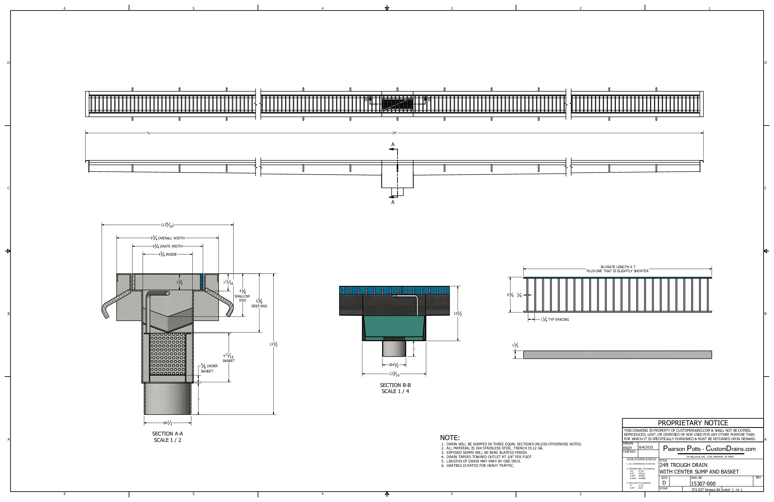 Channel trench drain — 24 ft with bar grate drawing