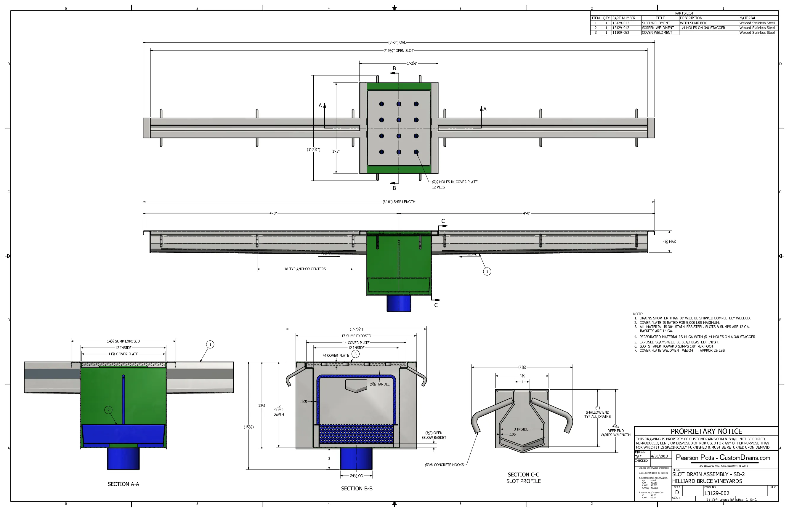 Narrow slot trench drain — 8 ft drawing