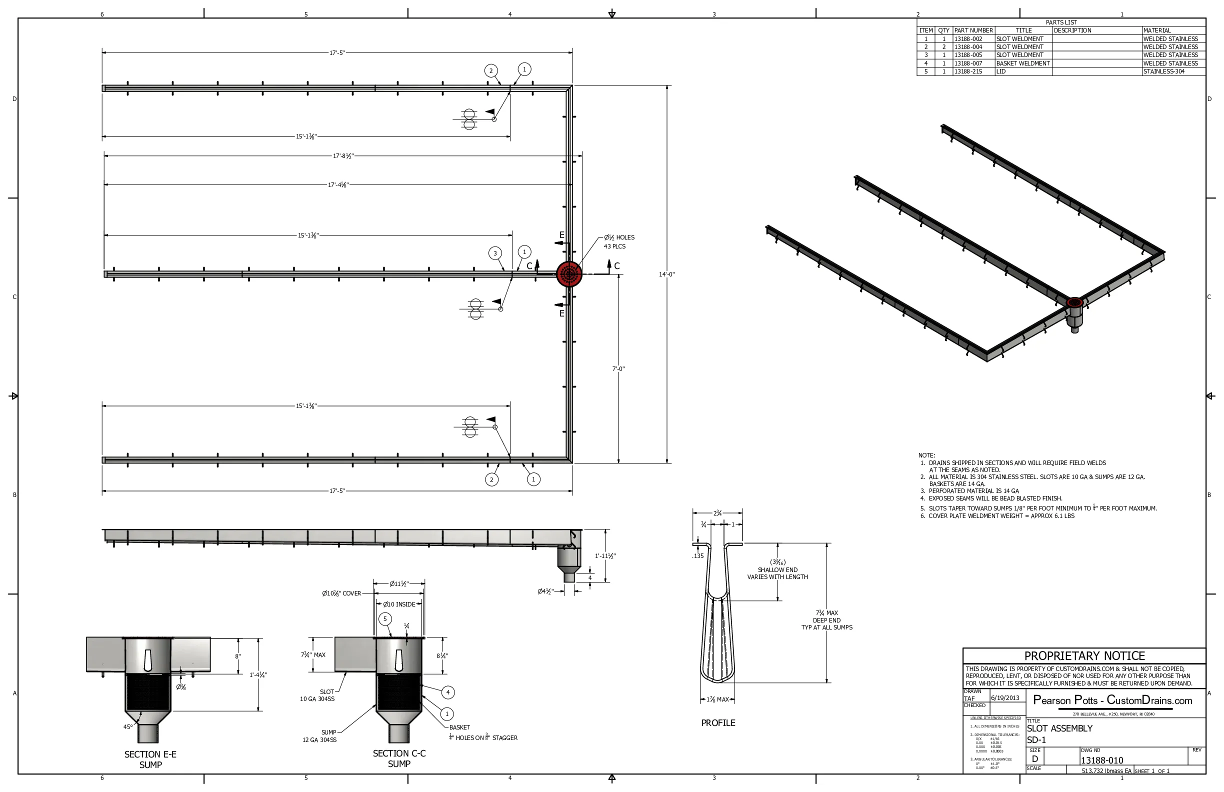 Slot drain system — food plant drawing
