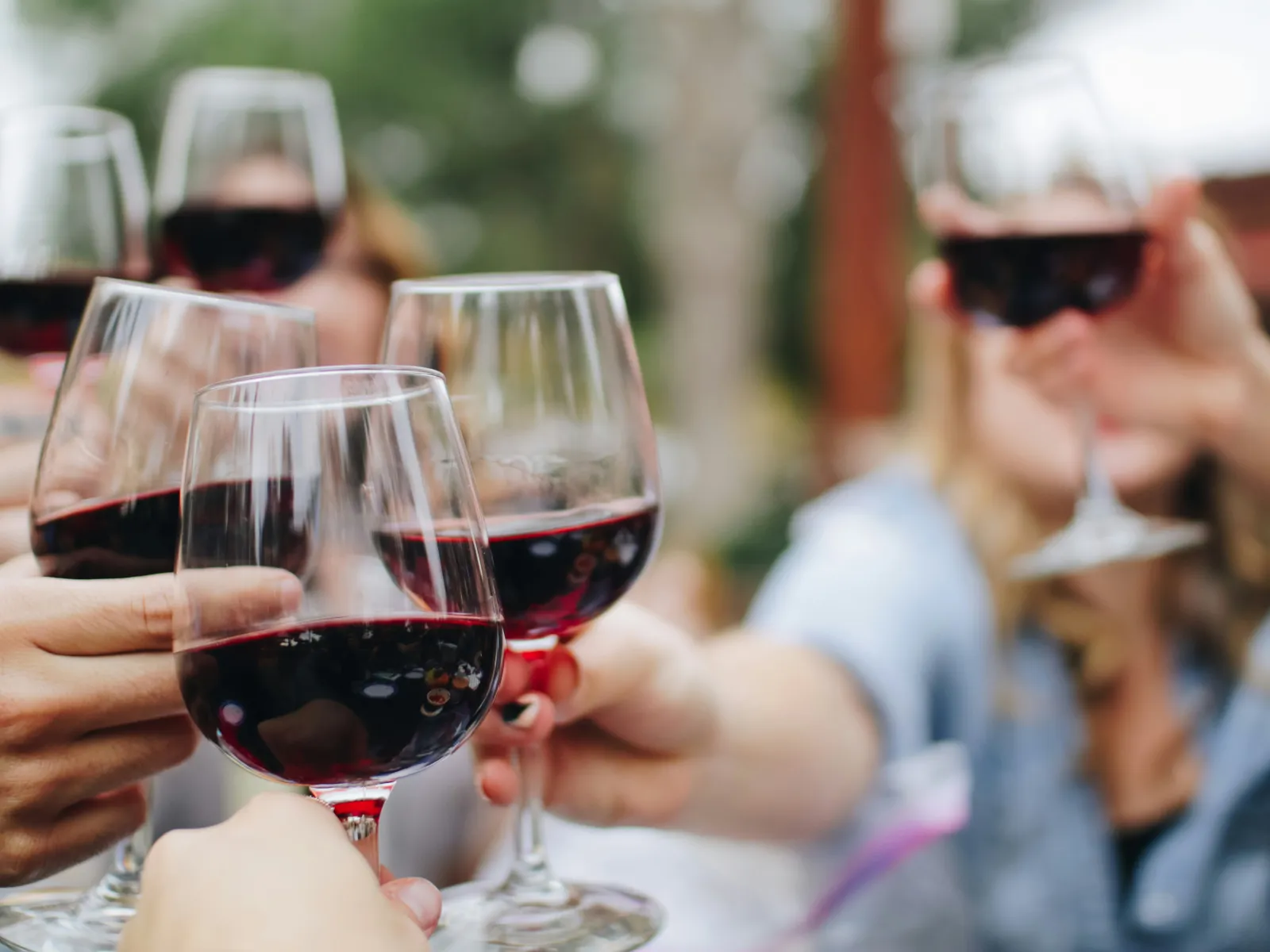 Glasses of red wine raised in a toast